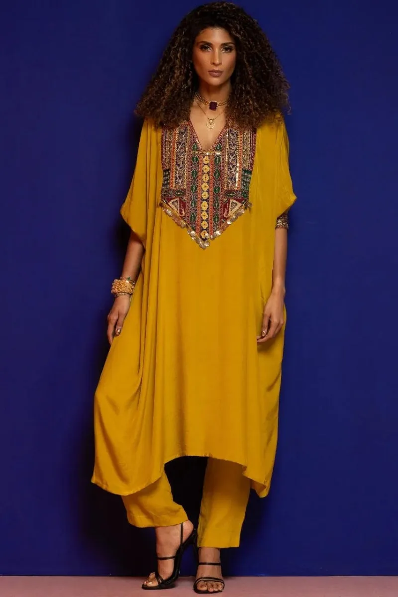 Mustard Embroidered Kaftan Kurta Set