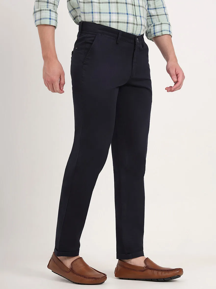 Navy Blue Solid Slim Fit Casual Trouser | Greenfibre