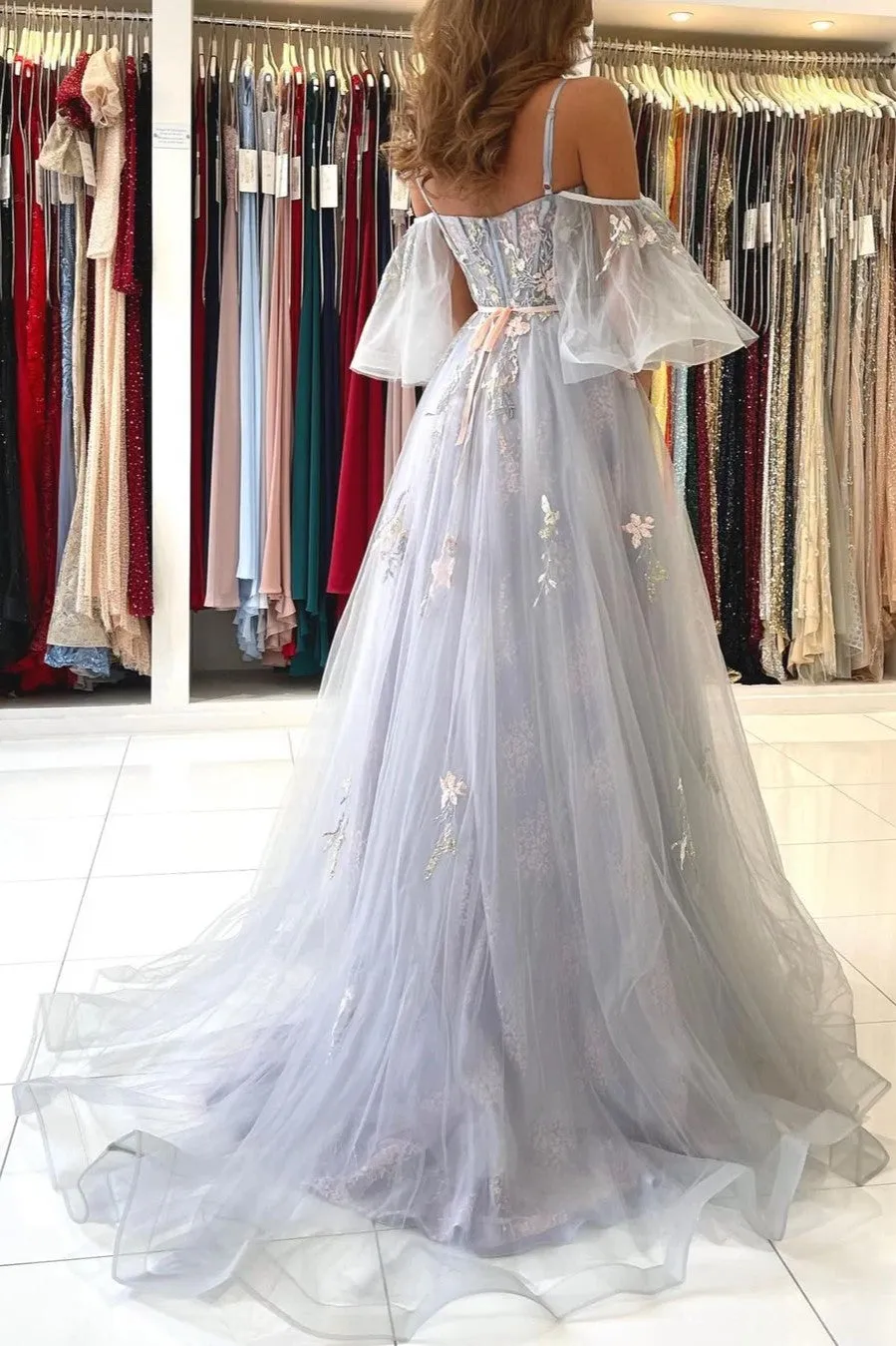 Off the Shoulder Tulle Prom Dresses Lace Appliques A-Line Formal Party Evening Gown