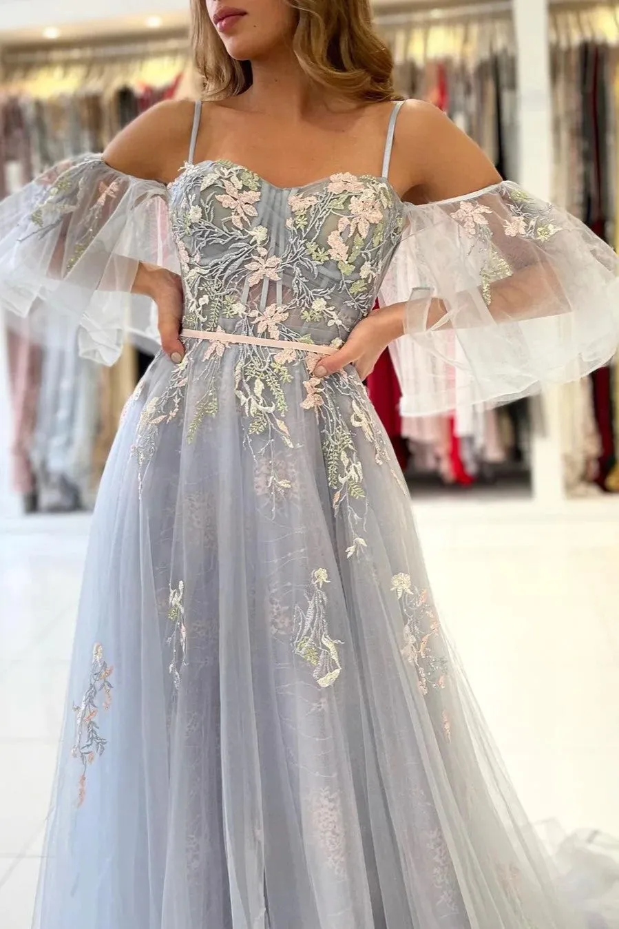 Off the Shoulder Tulle Prom Dresses Lace Appliques A-Line Formal Party Evening Gown