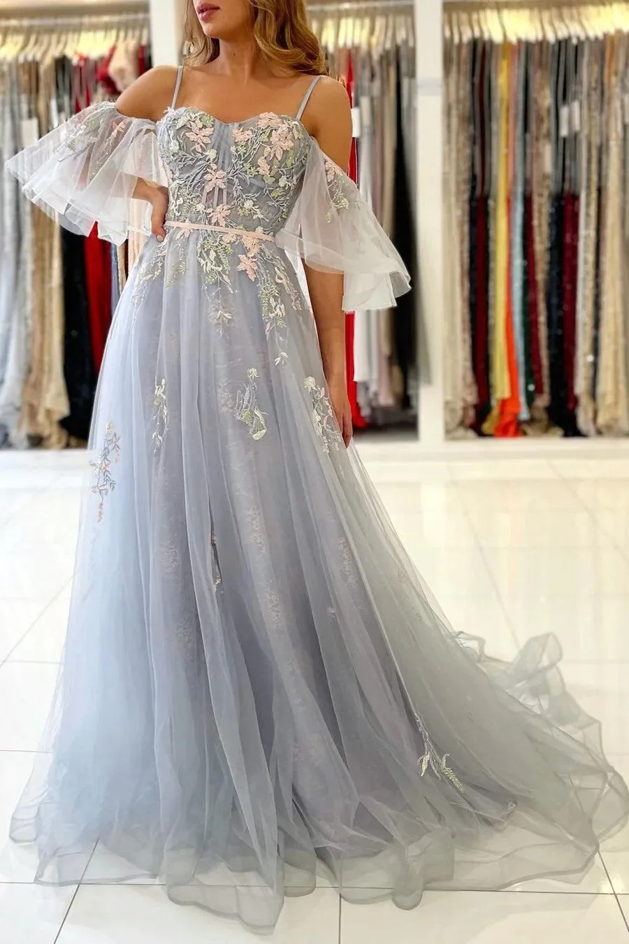 Off the Shoulder Tulle Prom Dresses Lace Appliques A-Line Formal Party Evening Gown