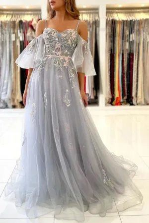 Off the Shoulder Tulle Prom Dresses Lace Appliques A-Line Formal Party Evening Gown