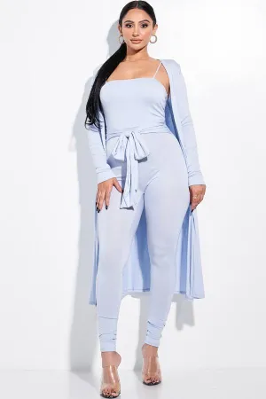 Olid Heavy Rayon Spandex Spaghetti Strap Jumpsuit With Waist Tie And Duster 2 Piece Set