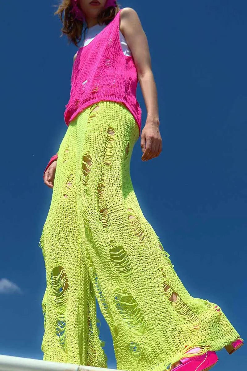 PI623 Distressed Wollen Wide Pants
