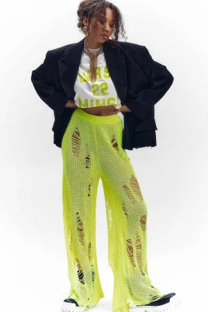 PI623 Distressed Wollen Wide Pants