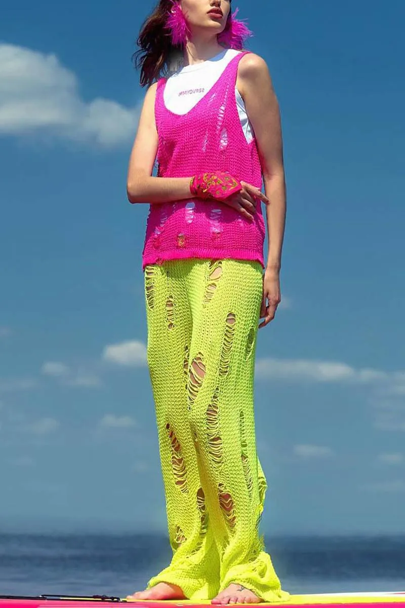 PI623 Distressed Wollen Wide Pants