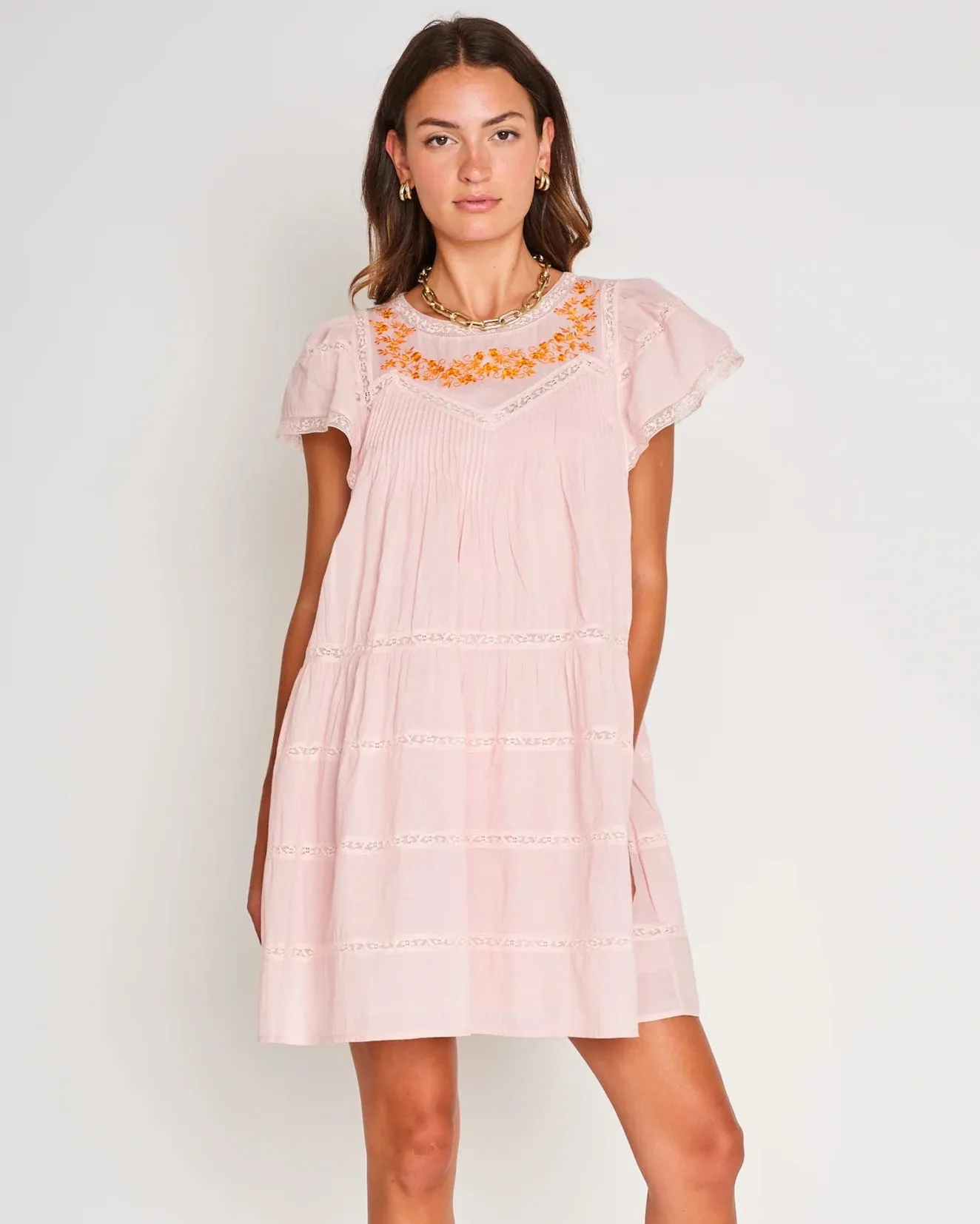 Pink Voile Dress with Lace and Embroidery