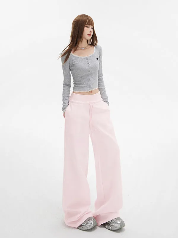 Pink Wide Leg Lounge Pants | Fleece & Lightweight High Waist Drawstring Fit