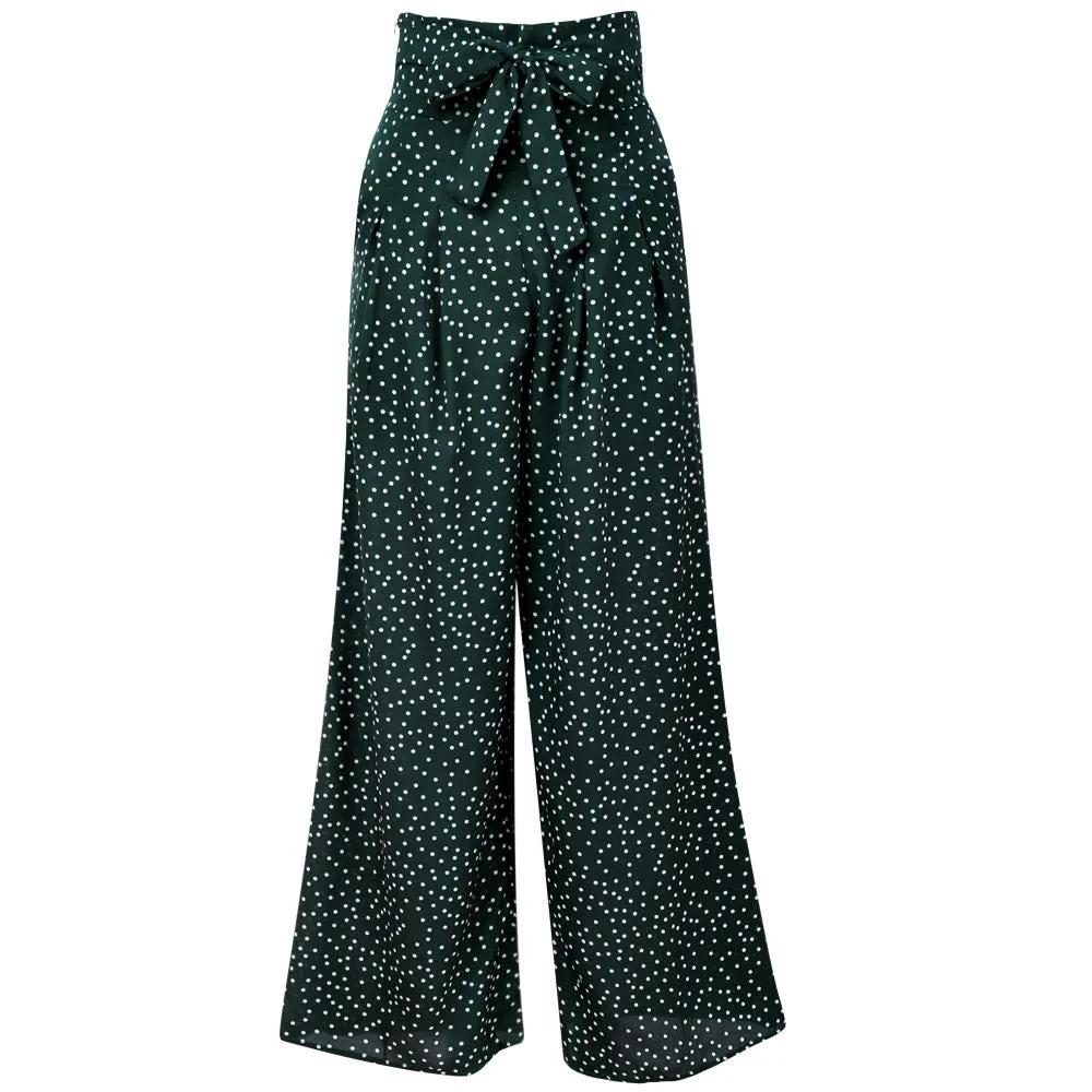 Printed Wave Point High Waist Strap Bow Wide Leg Pants