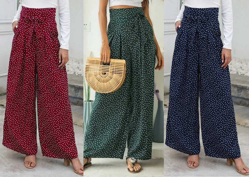 Printed Wave Point High Waist Strap Bow Wide Leg Pants