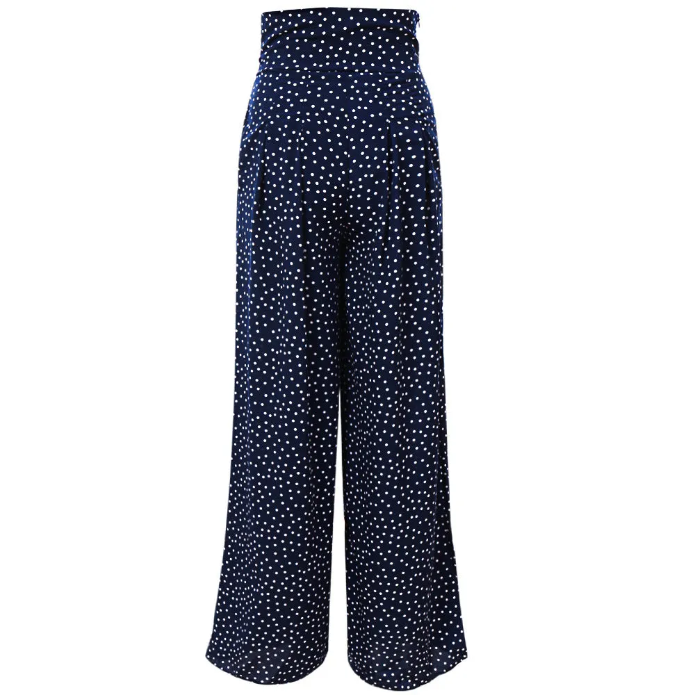 Printed Wave Point High Waist Strap Bow Wide Leg Pants