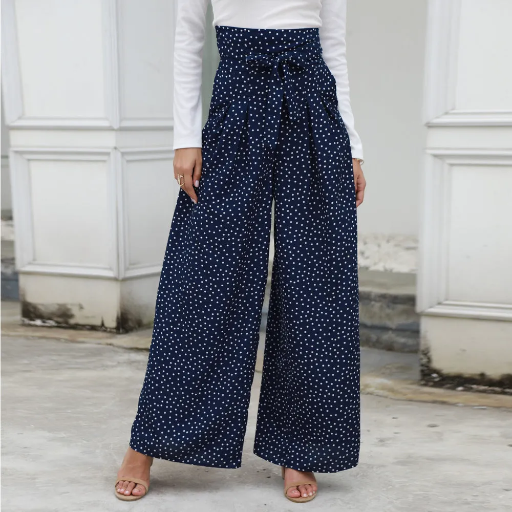Printed Wave Point High Waist Strap Bow Wide Leg Pants