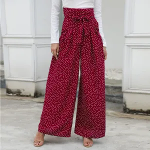 Printed Wave Point High Waist Strap Bow Wide Leg Pants