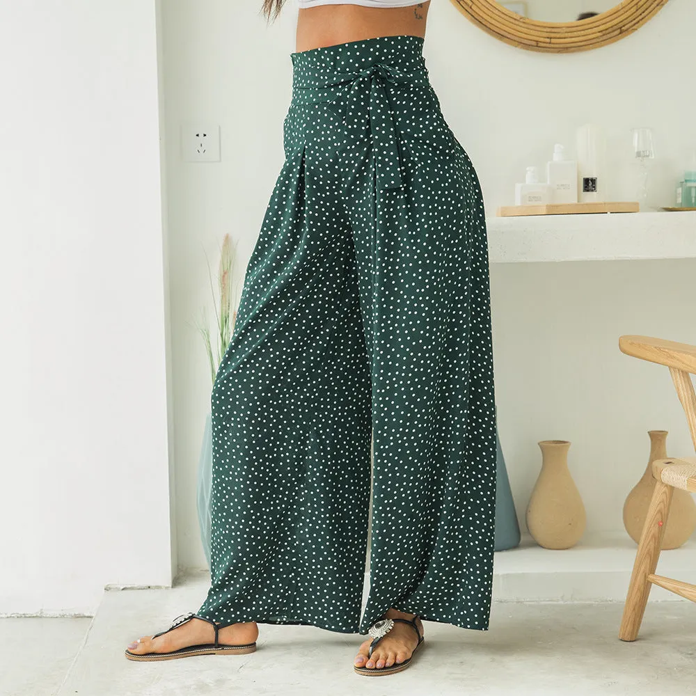 Printed Wave Point High Waist Strap Bow Wide Leg Pants