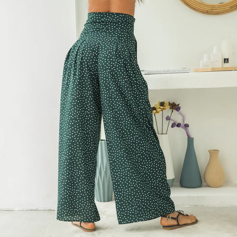 Printed Wave Point High Waist Strap Bow Wide Leg Pants