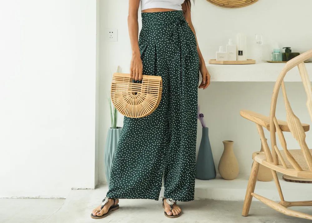 Printed Wave Point High Waist Strap Bow Wide Leg Pants