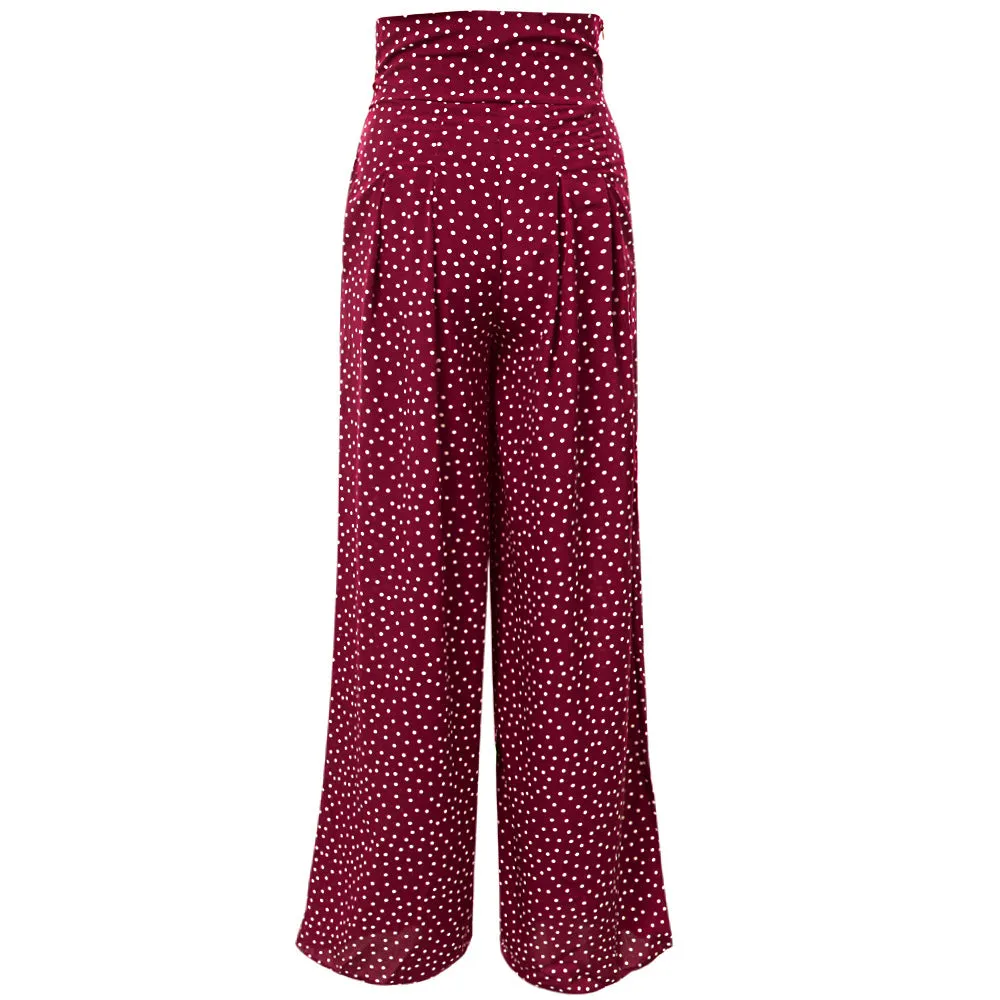 Printed Wave Point High Waist Strap Bow Wide Leg Pants