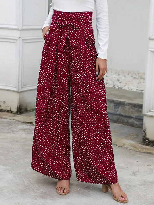 Printed Wave Point High Waist Strap Bow Wide Leg Pants