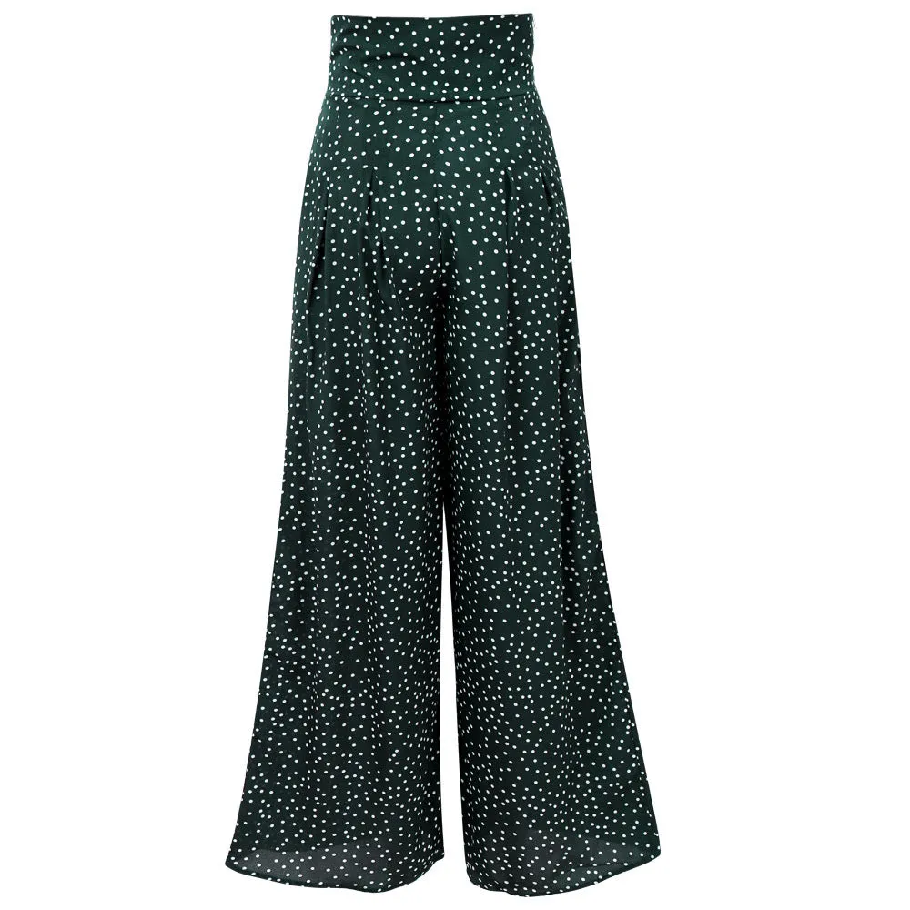 Printed Wave Point High Waist Strap Bow Wide Leg Pants