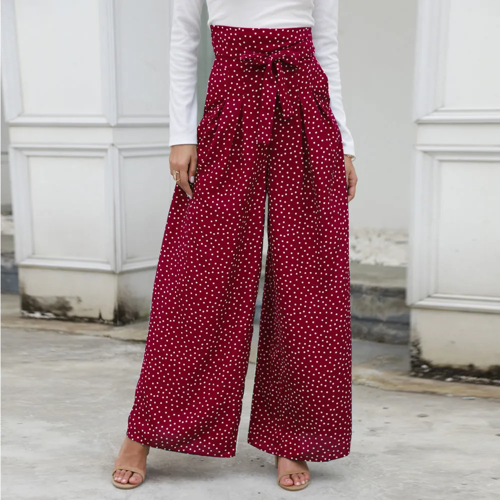 Printed Wave Point High Waist Strap Bow Wide Leg Pants