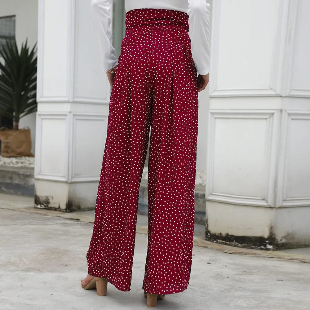 Printed Wave Point High Waist Strap Bow Wide Leg Pants