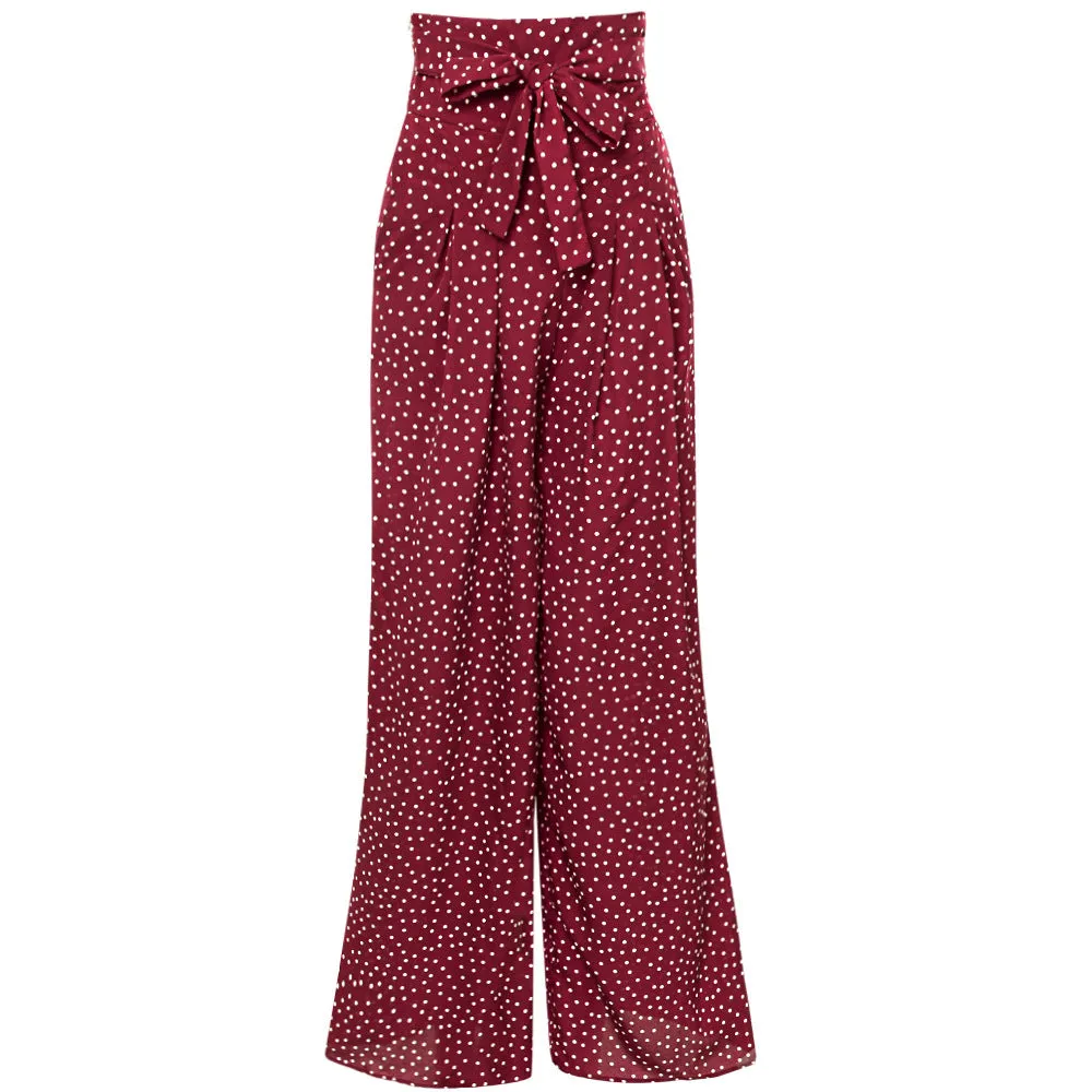 Printed Wave Point High Waist Strap Bow Wide Leg Pants