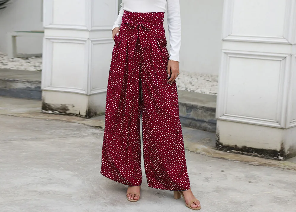 Printed Wave Point High Waist Strap Bow Wide Leg Pants