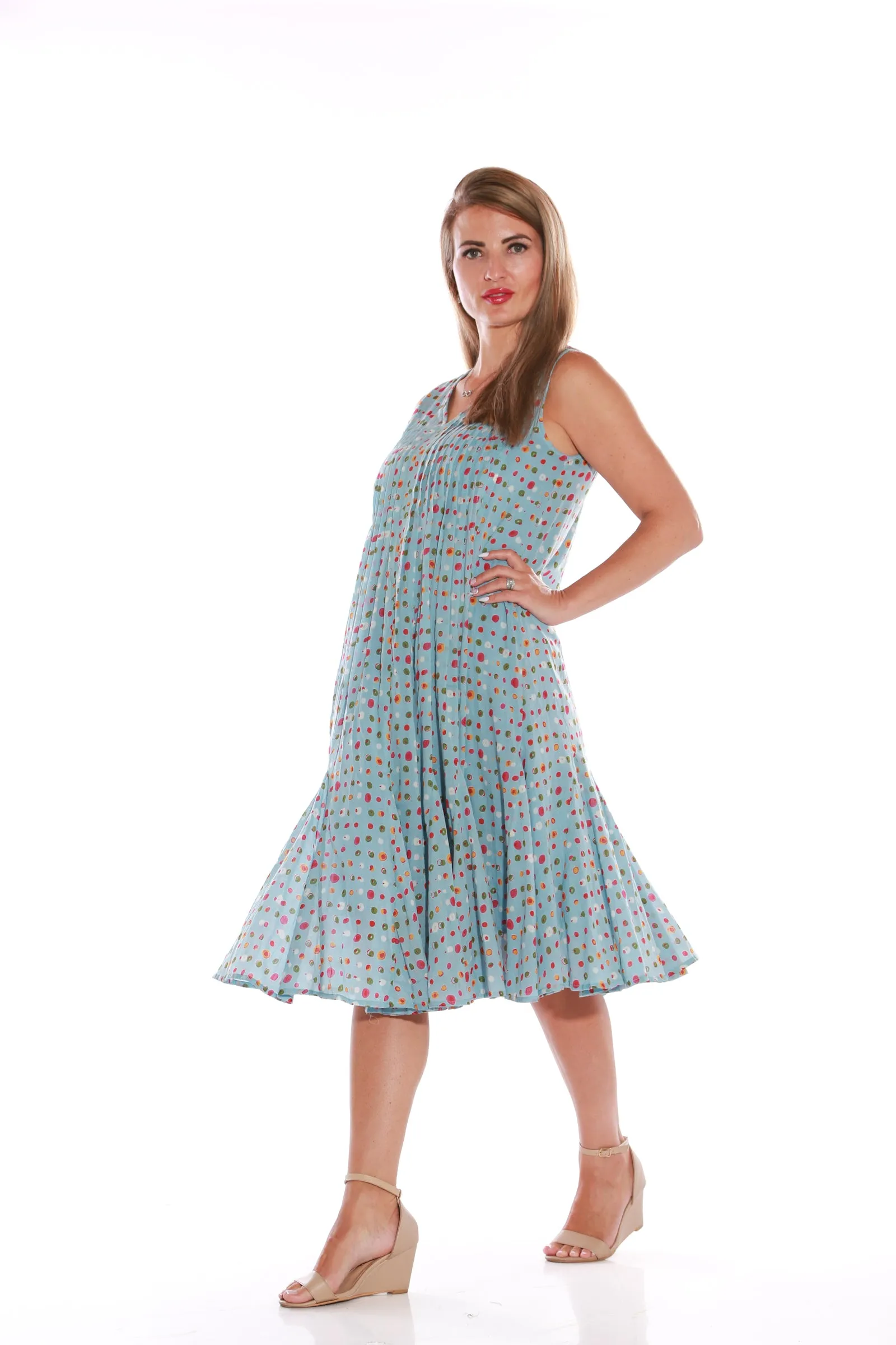 Pure Cotton Fruit print pleated dress- Blue