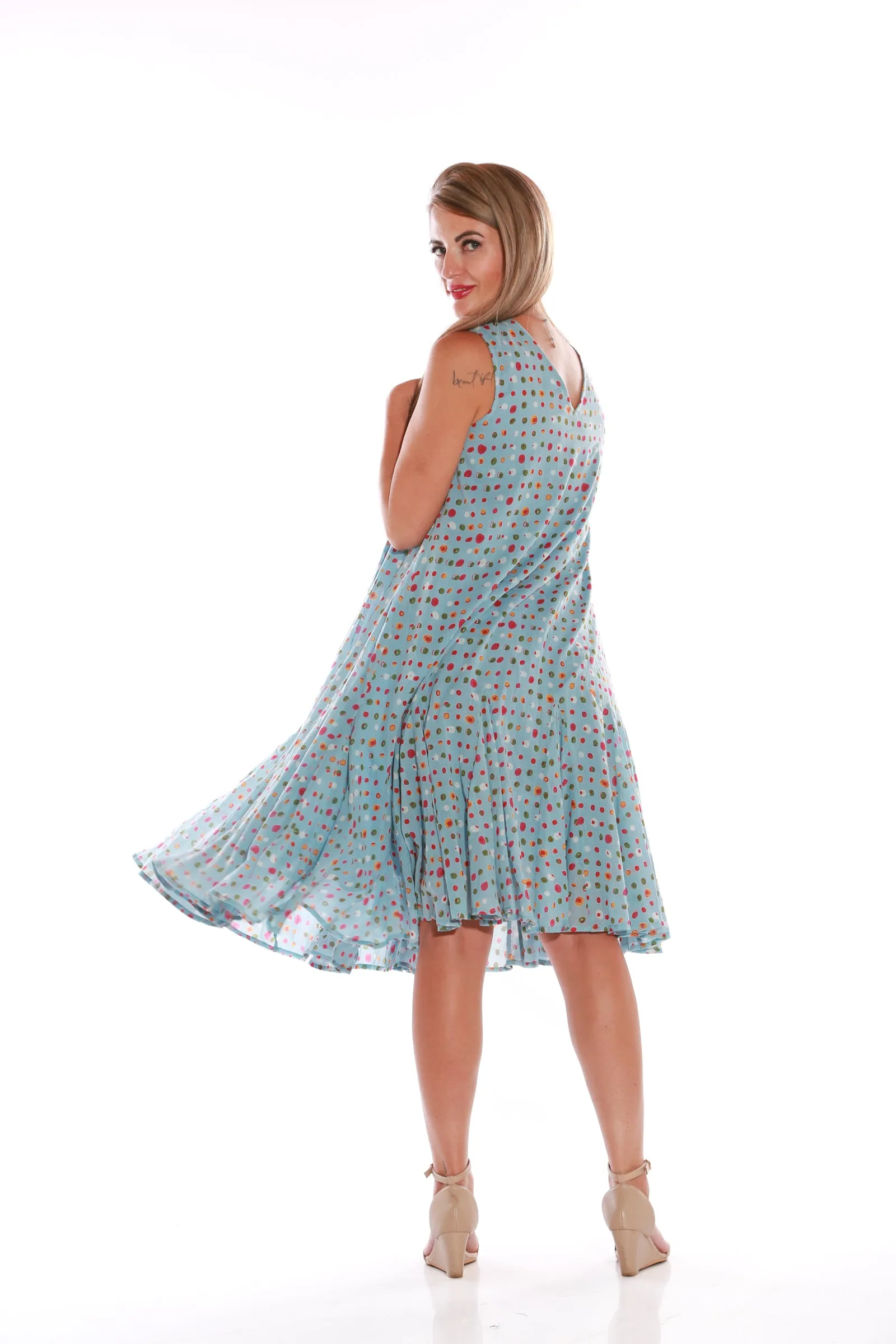 Pure Cotton Fruit print pleated dress- Blue