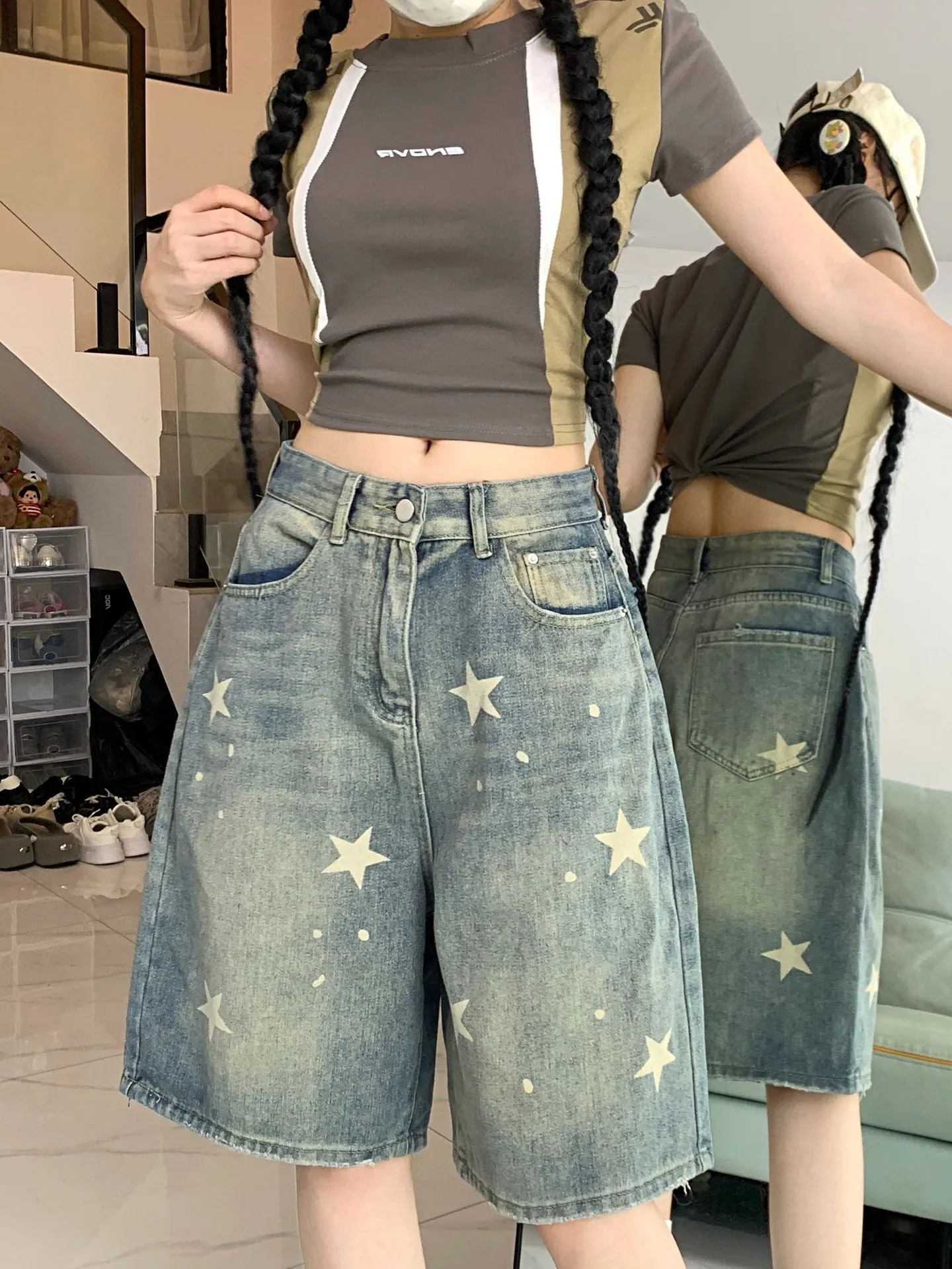 Retro Washed Distressed XINGX Denim Five-point Shorts For Women