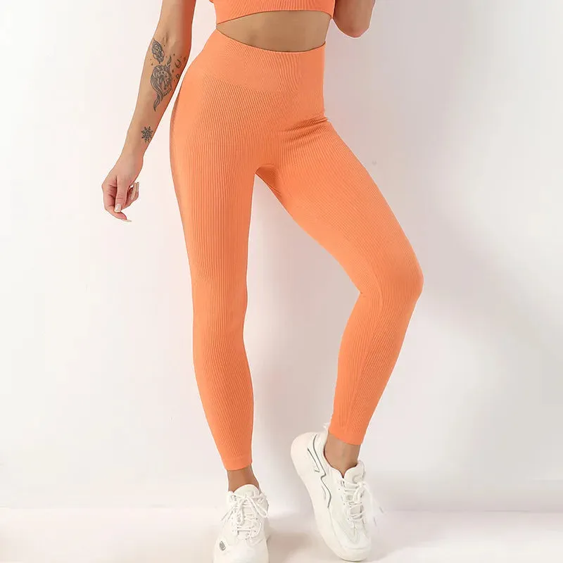 Ribbed High Waist Seamless Yoga Pants - Push Up Sport Leggings for Women