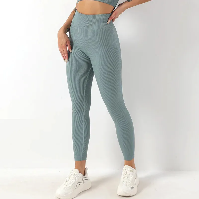 Ribbed High Waist Seamless Yoga Pants - Push Up Sport Leggings for Women