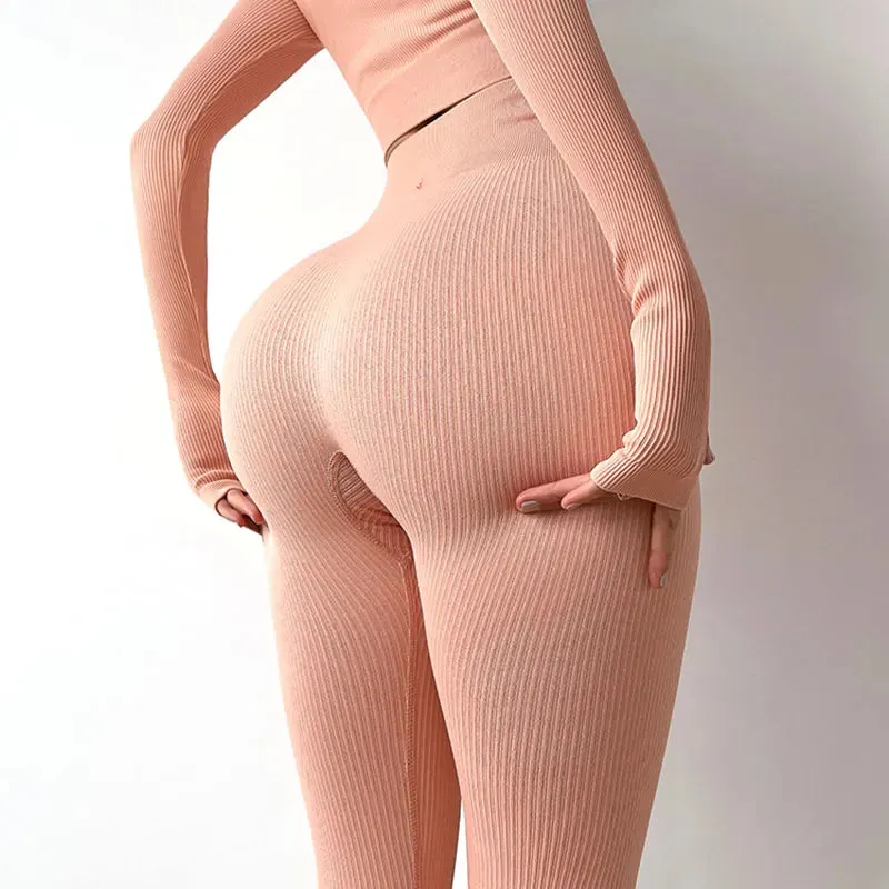 Ribbed High Waist Seamless Yoga Pants - Push Up Sport Leggings for Women