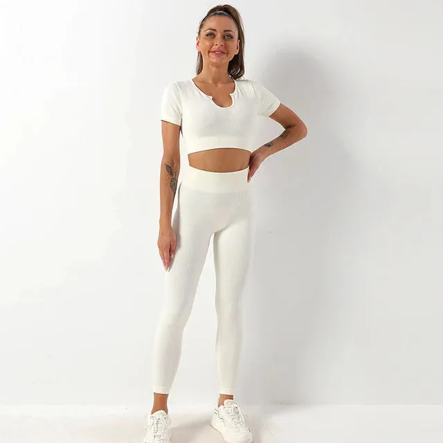 Ribbed Seamless Yoga Set for Women - 2 Piece Sport Suit
