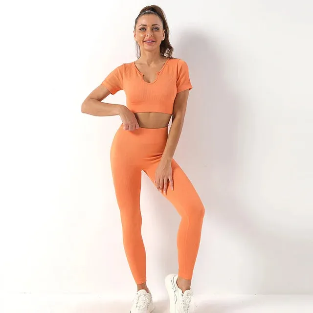 Ribbed Seamless Yoga Set for Women - 2 Piece Sport Suit