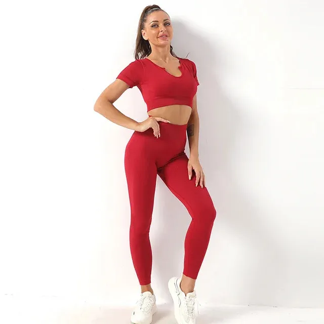 Ribbed Seamless Yoga Set for Women - 2 Piece Sport Suit
