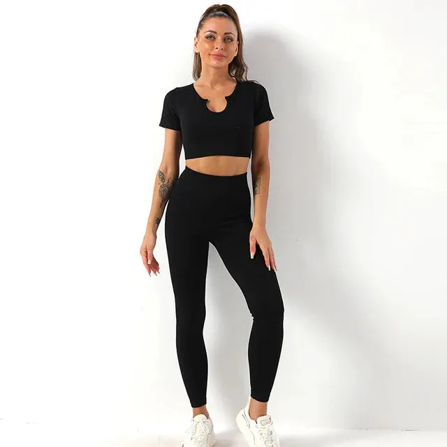 Ribbed Seamless Yoga Set for Women - 2 Piece Sport Suit
