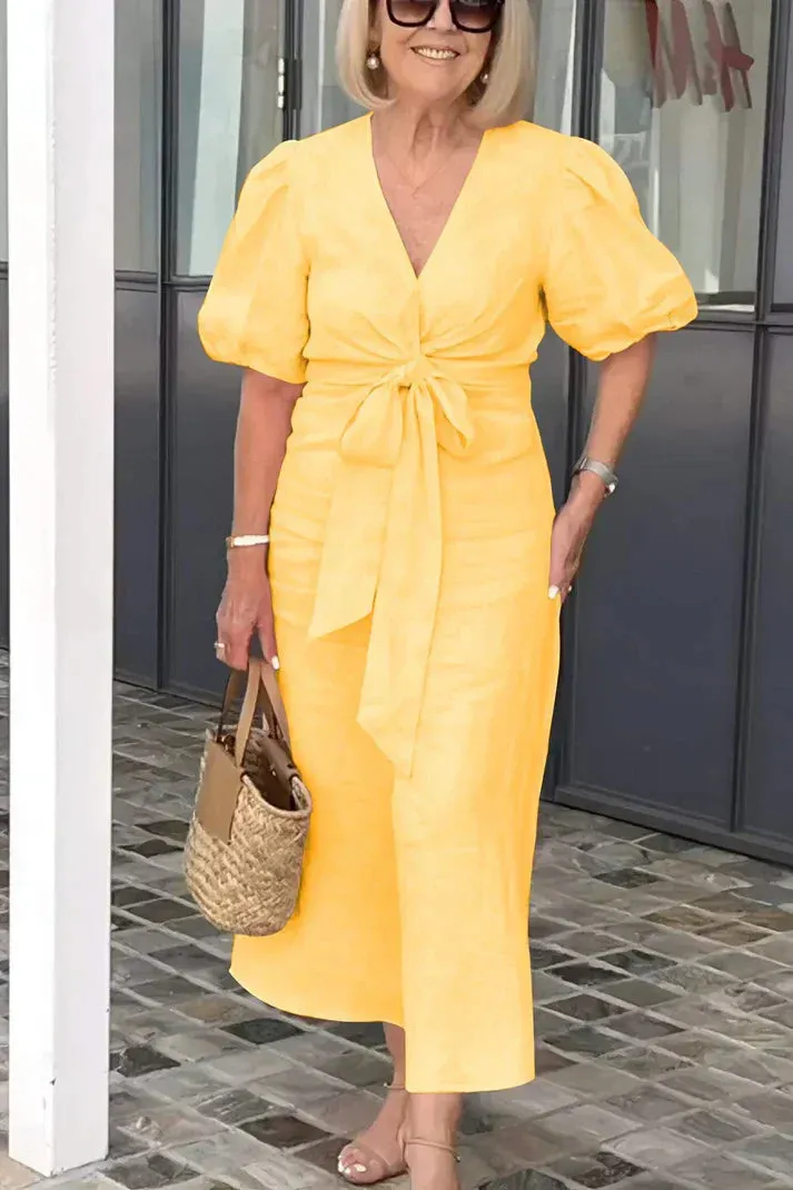 Rowen - Cotton dress with V-neck and puff sleeves