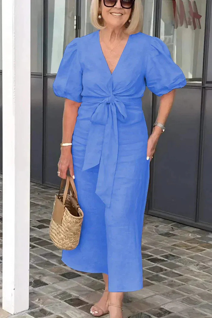 Rowen - Cotton dress with V-neck and puff sleeves