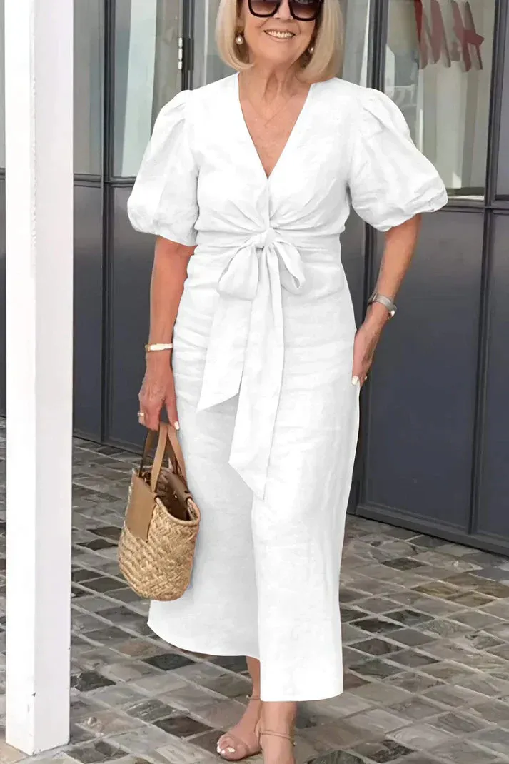 Rowen - Cotton dress with V-neck and puff sleeves