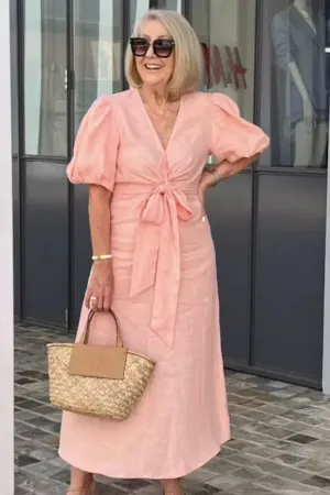 Rowen - Cotton dress with V-neck and puff sleeves