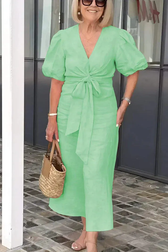 Rowen - Cotton dress with V-neck and puff sleeves