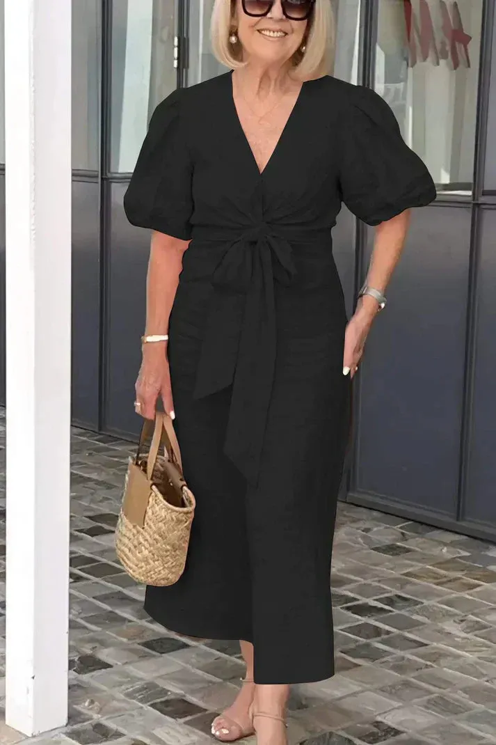 Rowen - Cotton dress with V-neck and puff sleeves