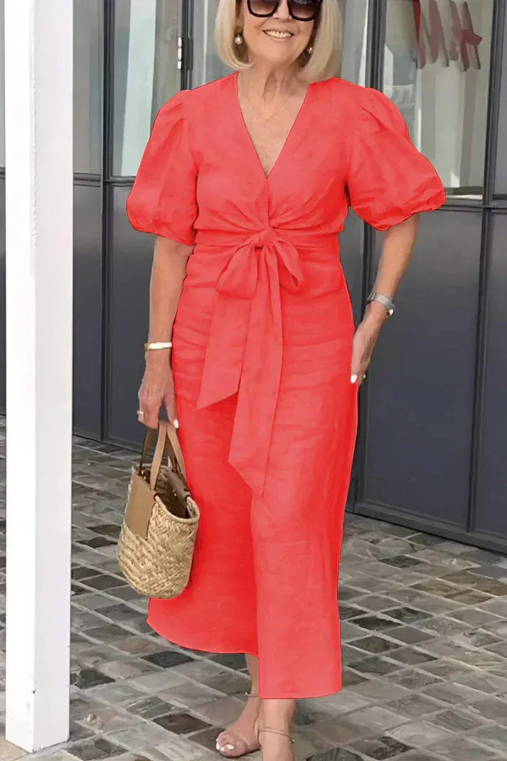 Rowen - Cotton dress with V-neck and puff sleeves