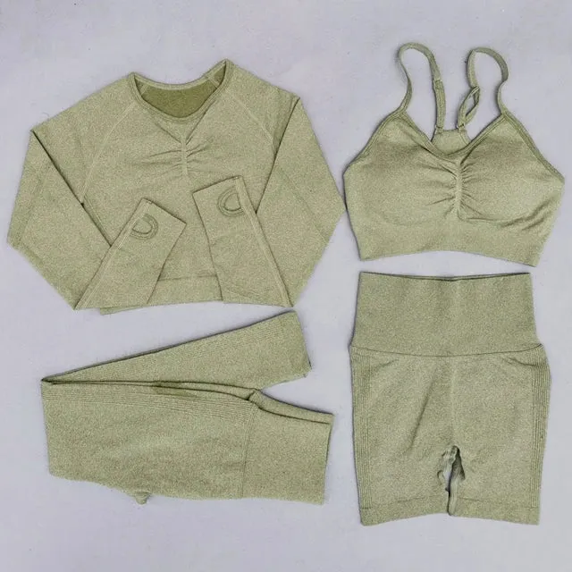 Seamless Yoga Set for Women - High Waist Leggings, Shorts, Sports Bra, and T-shirt Gym Clothing Set