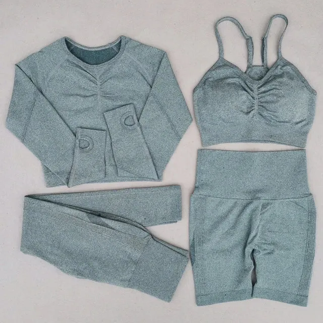Seamless Yoga Set for Women - High Waist Leggings, Shorts, Sports Bra, and T-shirt Gym Clothing Set