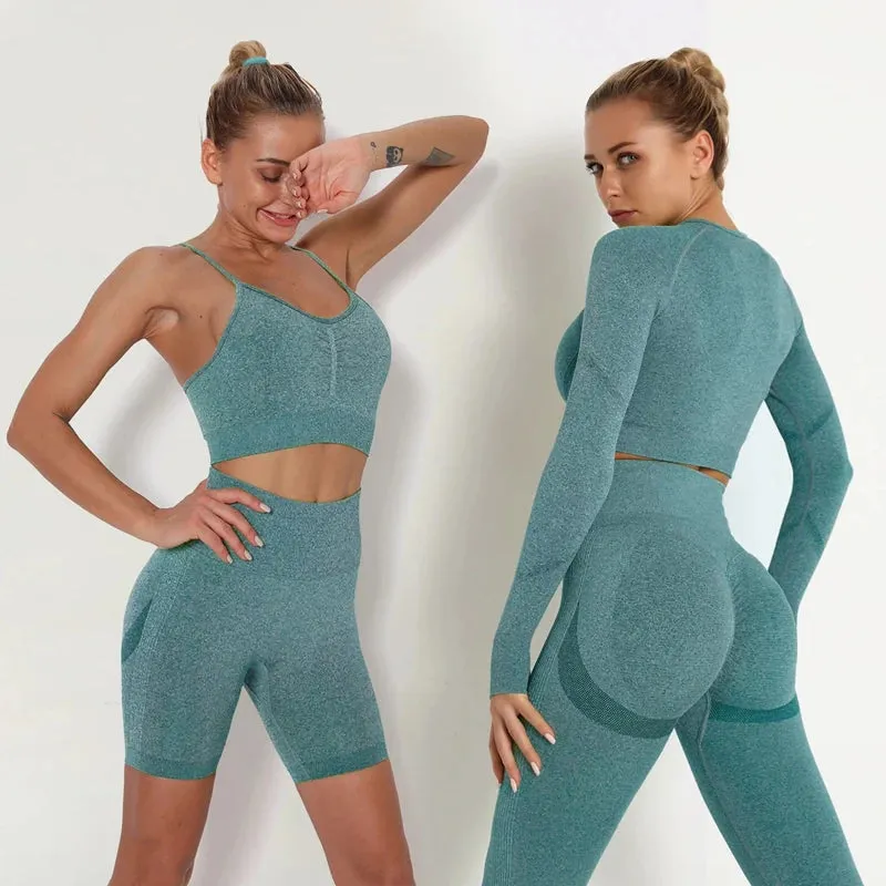 Seamless Yoga Set for Women - High Waist Leggings, Shorts, Sports Bra, and T-shirt Gym Clothing Set