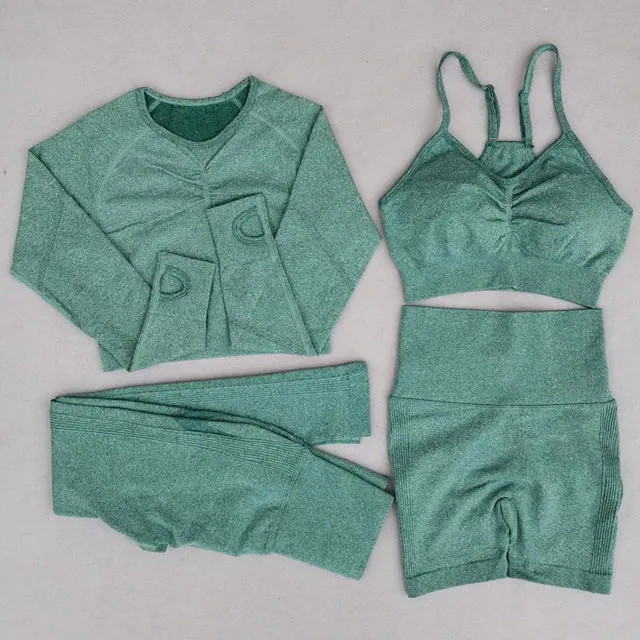 Seamless Yoga Set for Women - High Waist Leggings, Shorts, Sports Bra, and T-shirt Gym Clothing Set