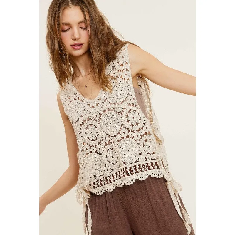 Self Side Tie Detailed Crochet Vest Top