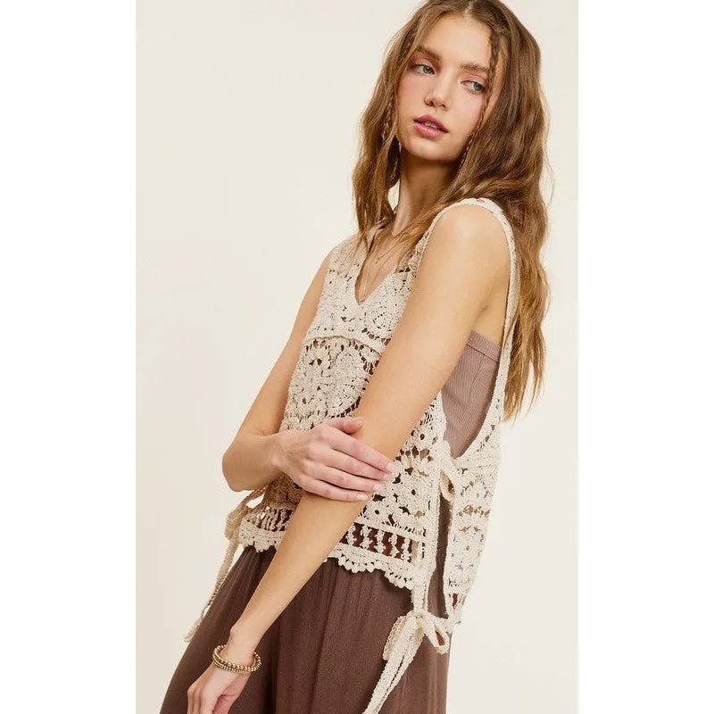 Self Side Tie Detailed Crochet Vest Top